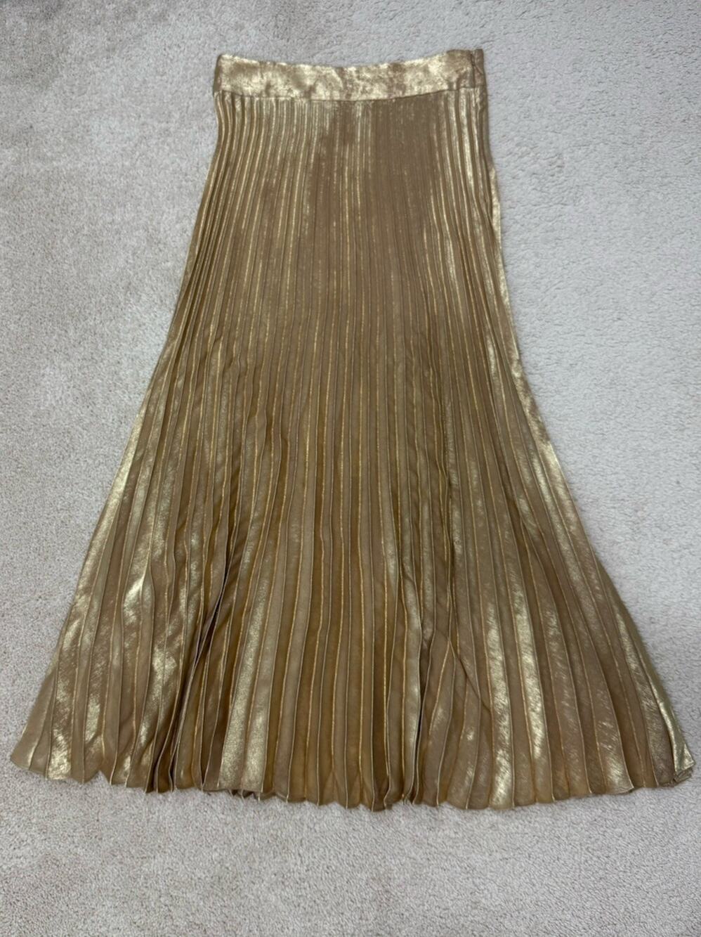 Sezane Women's Gold Accordion Pleated Midi Skirt Size 34 247